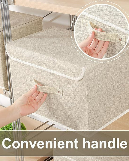 Storage Boxes, Collapsible Storage Bins with Lids, Cotton and linen cloth Storage Baskets with Handle, for Books, Closet, Bedroom, Home, 15x9.8x9.8 in, Grey and Beige