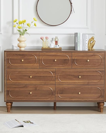 ORRD Fluted 7 Drawer Dresser for Bedroom, Modern Mid Century Chest of Drawers, Wood Storage Large Dresser Organizer for Bedroom Living Room Closet Hallway, Walnut
