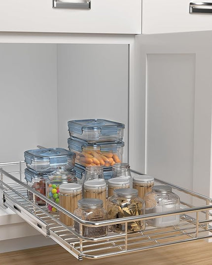 JOWBOOW Pull Out Cabinet Organizer (13.4" W x 21" D), Put Out Shelves for Kitchen Cabinets, Roll Out Drawers Heavy-Duty Metal Sliding Shelf, Bottom Mount