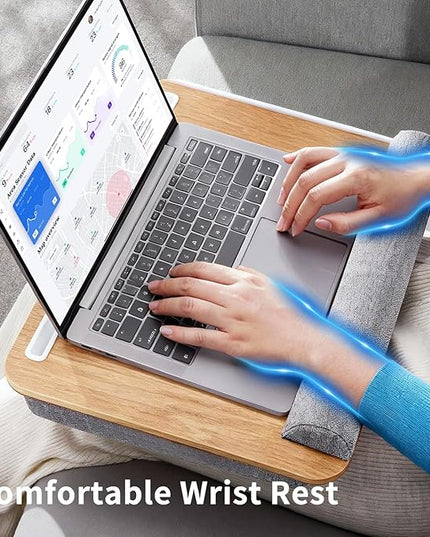 Heyfriday Home Office Lap Desk with Wrist Rest Laptop Bed Desk for Notebook, Laptop, Tablet, Lap Stand with Tablet, Phone Holder Fits Up to 14 Inch Laptops(Woodgrain)