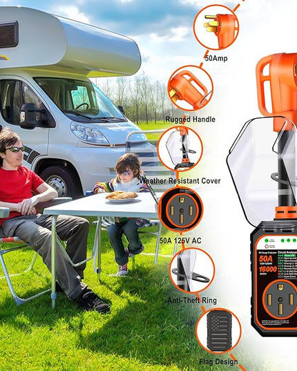 RV Surge Protector 50 Amp Flag Design - Upgraded 16000J Power Surges Voltage Protection Circuit Analyzer IP68 Waterproof Cover for 50A RVS Camper Trailer Must Haves (50Amp, Orange)