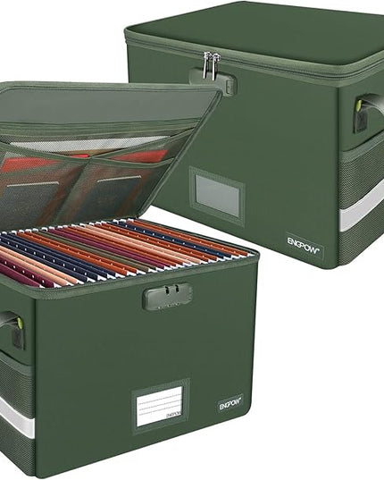 ENGPOW File Box with Lock, Fireproof Document Box with Pockets, Collapsible File Organizer Filing Storage Cabinet with Handle, Portable Home Office Safe for Hanging Letter/Legal Folders,Green,2 Pack