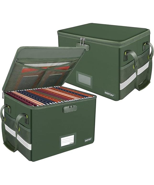 ENGPOW File Box with Lock, Fireproof Document Box with Pockets, Collapsible File Organizer Filing Storage Cabinet with Handle, Portable Home Office Safe for Hanging Letter/Legal Folders,Green,2 Pack