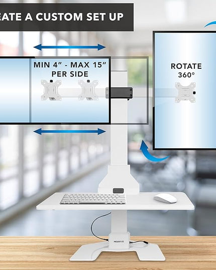Mount-It! Electric Standing Desk Converter, Motorized Sit Stand Desk Riser with Dual Monitor Mounts, Adjustable Height Ergonomic Workstation with 28” Wide Platform and Tablet/Phone Slot, White