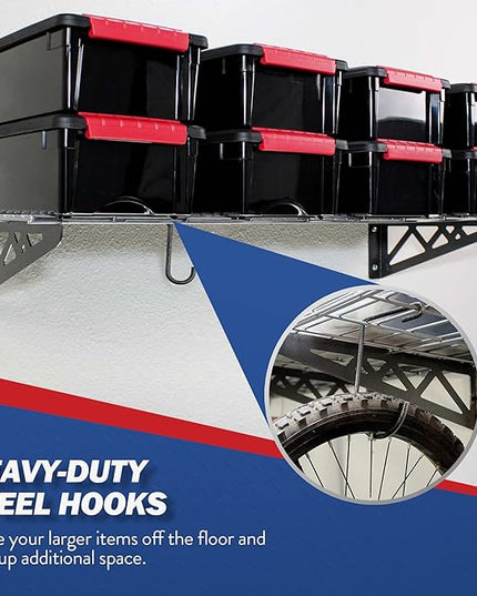 SafeRacks Garage Wall Shelves - 2-Pack 18"x36" Mountable Shelving Units for The Garage, Pantry or Utility Closet, Heavy Duty Steel Shelf with Bike Accessory Hooks, 500lb Capacity, Color: Hammertone