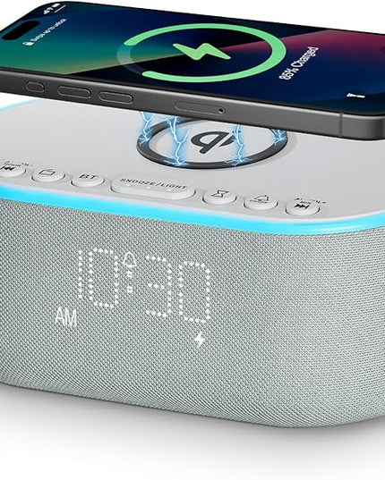 Wireless Charging Alarm Clock Radio: Qi Certified Fast Wireless Charger for iPhone Samsung - 10W Stereo Bluetooth Speaker - Dimmable Digital Clock with FM Radio for Bedroom Cloud Blue