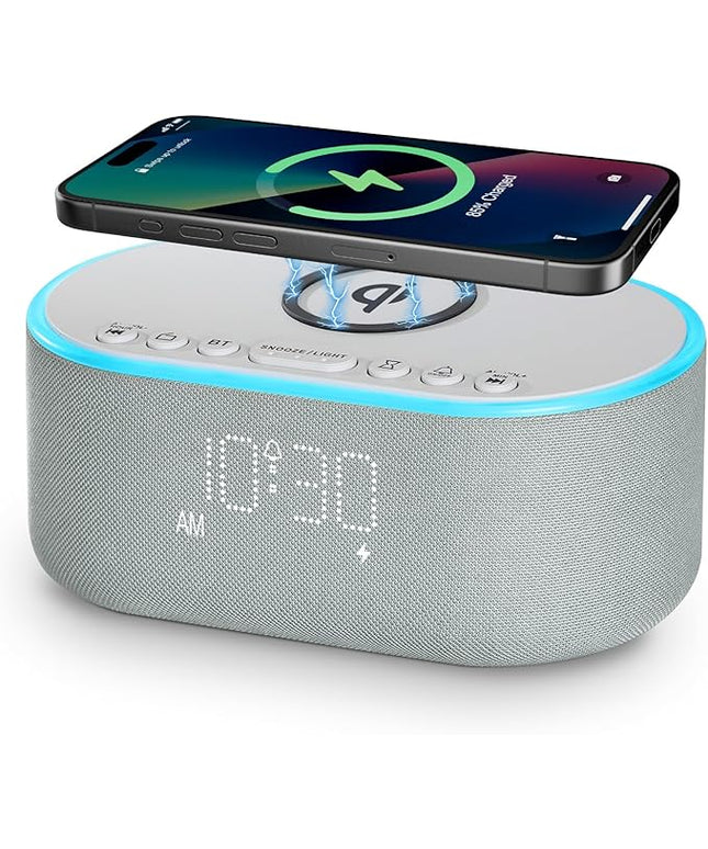 Wireless Charging Alarm Clock Radio: Qi Certified Fast Wireless Charger for iPhone Samsung - 10W Stereo Bluetooth Speaker - Dimmable Digital Clock with FM Radio for Bedroom Cloud Blue