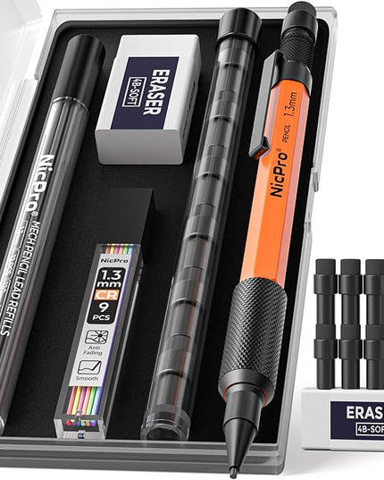Nicpro 1.3 mm Mechanical Pencils Set with Lead Refill Black & Colors, Eraser - Orange Weatherproof Metal Heavy Duty Carpenter Pencil for Outdoor Marking Drafting Drawing Sketching Woodworking in Case