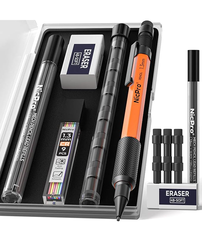 Nicpro 1.3 mm Mechanical Pencils Set with Lead Refill Black & Colors, Eraser - Orange Weatherproof Metal Heavy Duty Carpenter Pencil for Outdoor Marking Drafting Drawing Sketching Woodworking in Case