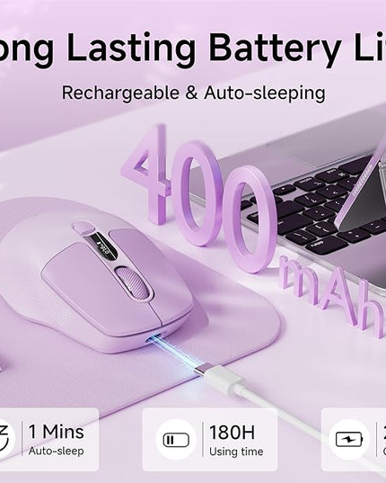 EWEADN Q1 Wireless Mouse, BT & 2.4G Silent Mouse Quiet Click with 1600 DPI Levels, Battery & DPI LED Screen Display, 6 Button Small Portable Bluetooth Mouse for Laptop/PC/Mac-Purple