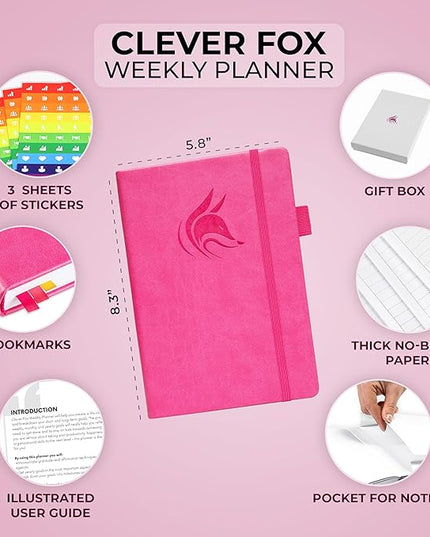Clever Fox Planner – Undated Weekly & Monthly Planner for Productivity, Time Management & Goals – Organizer Journal – A5 (Hot Pink)
