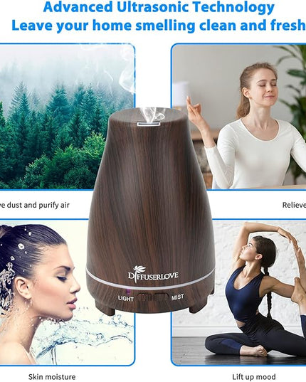 Diffuserlove Essential Oil Diffusers 200ML, Remote Control Aromatherapy Diffuser with 7 Color Lights, Auto Shut-Off for Bedroom Office Kitchen (Black Wood Grain)