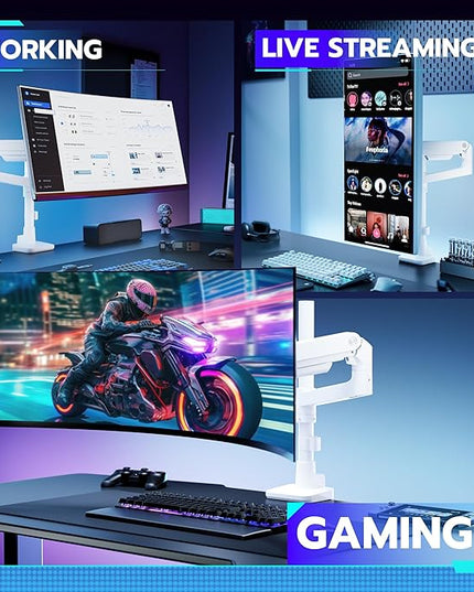 ARES WING Single Monitor Arm Desk Mount for 17-49 Inch Ultrawide Monitors, Heavy Duty Single Monitor Arm Holds 44 lbs, Full Motion Gas Spring Vertical Desk Mount, 75/100 VESA Mount, White