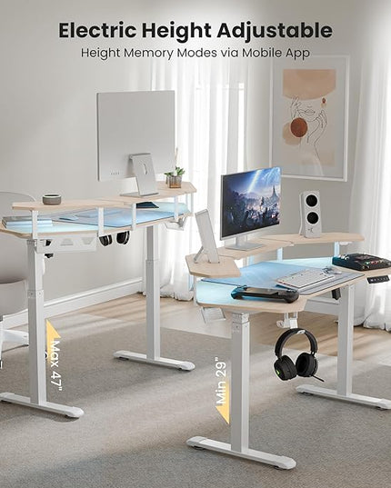 EUREKA ERGONOMIC Aero 55 Inch W Shaped Electric Standing Desk, Height Adjustable Computer Gaming Desk with LED Monitor Shelf, Mouse Pad, Headphone Hook, Cup Holder, Natural Maple