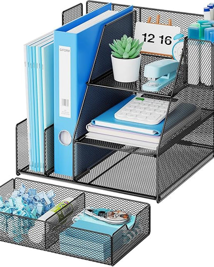 Marbrasse Desk Organizer and Accessories, 3-Tier File Organizer with Drawer and Pen Holder, Small Desktop Organizer and Storage for Workspace Office Supplies Black