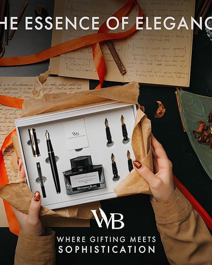 Wordsworth & Black Fountain Pen Gift Set, Includes Bottle, 6 Cartridges, Refill Converter, 4 Replacement Nibs, Premium Package, Journaling, Calligraphy, Smooth Writing Pens [Black Gold]