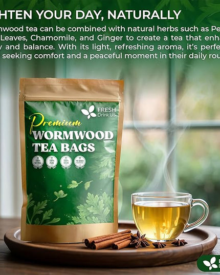 FreshDrinkUS, Premium Wormwood Tea - 75 Tea Bags - Handcrafted Herbal Blend, Caffeine-Free – Smooth Taste & Naturally Refreshing.