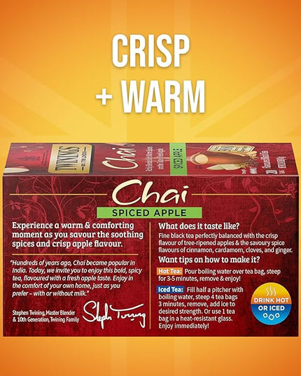 Twinings Spiced Apple Chai Black Tea Individually Wrapped Bags, 20 Count (Pack of 6), Sweet, Savoury Spices, Caffeinated, Enjoy Hot or Iced, 120 Teabags