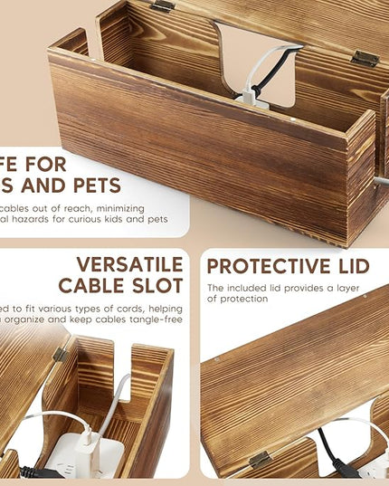 Large Cable Management Box - Burnt Wood Cable Organizer Box and Power Strip Box for Electrical Cord Management - Hide Desk Cord and Floor Cables - Wire Storage and Organization for Cords