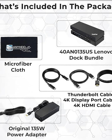 Lenovo 40AN0135US Dock 135W Bundle - Gen 2 Dual UHD 4K Display with 135W Power Adapter + 4K HDMI Cable + 4K DisplayPort Cable + Thunderbolt Cable + Microfiber Cloth - Lenovo Docking Station (Renewed)
