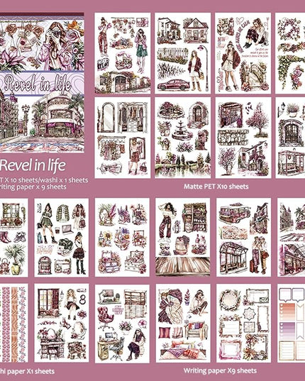 Snycler Sticker Book - 20 Sheets Vintage PET Stickers for Scrapbooking, Junk Journaling, Ephemera, and Decorative Crafts-Revel in Life