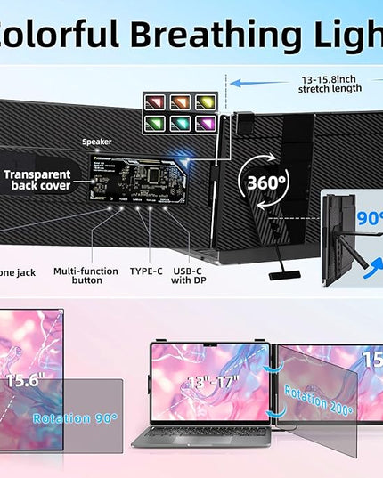 BKVOO Laptop Screen Extender Dual Monitor - 15.6" Portable Monitor Detachable IPS 1080P FHD 85% NTSC Travel Screen USB-C HDMI Port Compatible with Wins Mac Chrome Dex Fits 13-17" Laptops