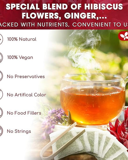 FreshDrinkUS, 60 Tea Bags Super Hibiscus Heart Blend– Herbal Tea with Hibiscus Flower, Ginger, Cinnamon Stick, Lemongrass & Rose Hip – Naturally Caffeine-Free, Sugar-Free, Vegan