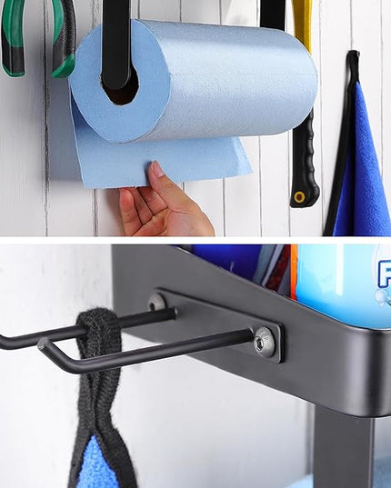 YIGII Garage Paper Towel Holder with Shelf - Wall Mount Papertowel Holder with 4 Hooks, Single-Hand Tear Paper Towel Rack Heavy Duty Tissue Holder for Clean Station, Craft Room, Workbench (Black)