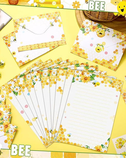 TaoBary 160 Pcs Stationery Paper Set 50 Double Sided Stationery Papers with 50 Matching Envelopes and 60 Round Dot Sticker, 10 Design(Bee,8.25 x5.5 Inch)