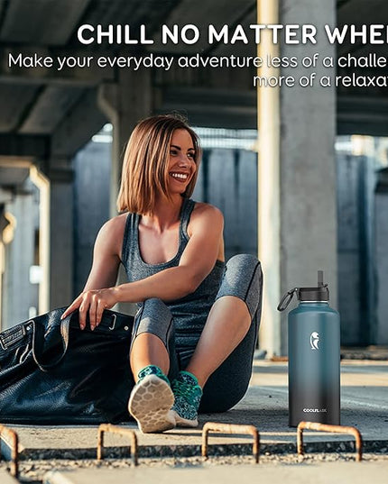 Coolflask Water Bottle 87 oz with Straw, 2/3 Gallon Insulated Stainless Steel Large 3 Lids Big Water Jug for Sports or Office, Non-BPA Keep Cold Up to 48 Hrs or Hot Up to 24 Hrs, Samurai Cyan