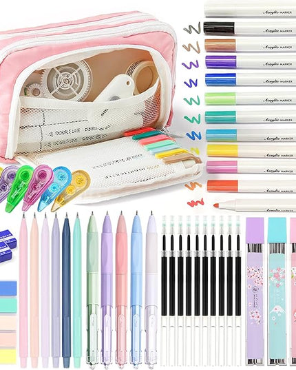 Ristpal 42 PCS Aesthetic School Supplies with Large Pencil Case, 12 Marker Pens with box, 5 Black Ink Gel Pens, 6 Mechanical Pencils Set, Sticky Notes, Complete Essentials Stationery Kit for Students