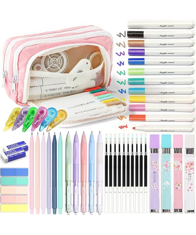 Ristpal 42 PCS Aesthetic School Supplies with Large Pencil Case, 12 Marker Pens with box, 5 Black Ink Gel Pens, 6 Mechanical Pencils Set, Sticky Notes, Complete Essentials Stationery Kit for Students