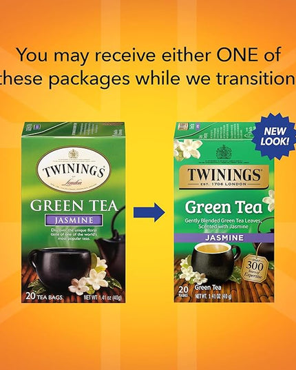 Twinings Green Tea with Jasmine Individually Wrapped Bags, 20 Count (Pack of 1), Fragrant Floral Scent, Caffeinated, Enjoy Hot or Iced, 20 Teabags