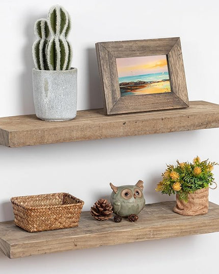 Floating Shelves, 8 Inch Deep Rustic Solid Reclaimed Wood Wall Shelves for Storage, Wall Mounted Display Shelving with Invisible Heavy-Duty Metal Bracket, 24 Inch Width Set of 2, Natural