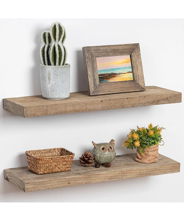 Floating Shelves, 8 Inch Deep Rustic Solid Reclaimed Wood Wall Shelves for Storage, Wall Mounted Display Shelving with Invisible Heavy-Duty Metal Bracket, 24 Inch Width Set of 2, Natural