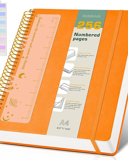 A4 Spiral Notebook Journal 8.5” x 11”, 256 Numbered Pages Hardcover Leather Journals for Women Men, Large Lined College Ruled Notebooks, 100GSM Thick Paper, Spiral Bound Journal for Work School Orange