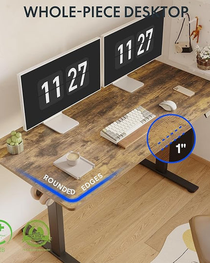 FLEXISPOT One-Piece Electric Standing Desk, 55 x 28 Inches Adjustable Desk with Seamless Desktop, Memory Controller Height Adjustment (Black Frame + Rustic Brown Desktop, 2 Packages)