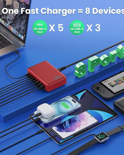 USB C Charger 300W USB C Charger Block, 8-Ports GaN IV Fast Charging Station Hub,PD 100W Laptop Charger Adapter,for MacBook Pro/Air/iPad/iPhone16/15/14/Apple Watch/DELL/Samsung for Home Office