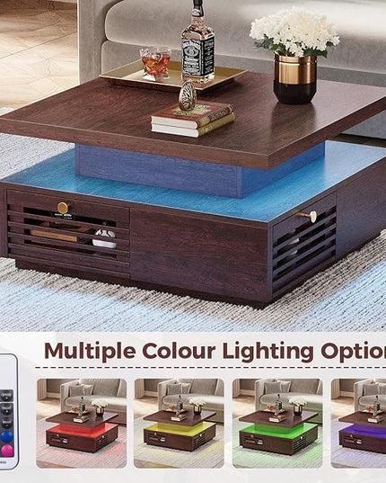 IRONCK Coffee Table with LED Light and Charging Station, 4 Storage Drawers with Grille Design, Square Coffee Table for Living Room Office Reception Room (Walnut)