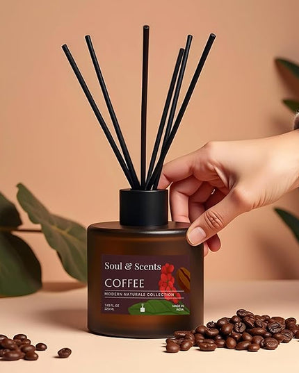 Soul & Scents Reed Diffuser Set – Coffee | 7.43 oz Refillable Scented Oil with 6 Fiber Sticks | Long-Lasting Home Fragrance & Air Freshener for Bedroom, Bathroom, Office | Gift & Décor Piece