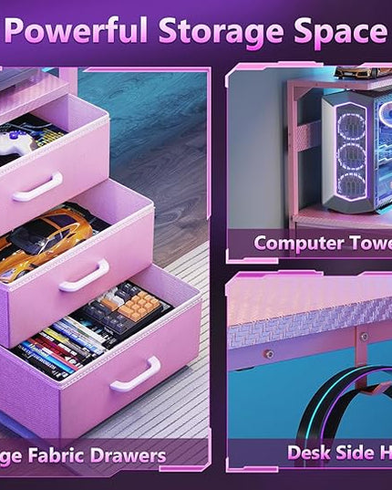 AODK 52 Inch Gaming Desk with USB Charging Ports & LED Light- Reversible Computer Desk with Storage Shelves & Monitor Stand, Modern Gamer Desk Table with Fabric Drawers & Side Hook, Carbon Fiber Pink
