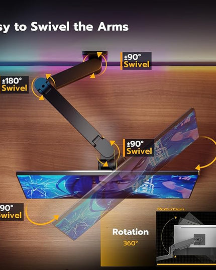 ARES WING Wall Mount Monitor Arm for 17-49 Inch Ultrawide Screens, Heavy Duty Single Monitor Mount Holds 44 lbs, Fully Adjustable Gas Spring Wall Mount, 75x75/100x100 VESA Mount, Black