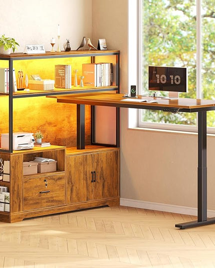 SEDETA 56.7" L Shaped Standing Desk, Reversible Computer Office Desk with Drawers & Hutch, Stand Up Corner Gaming Desks with LED Lights & Power Outlets for Home Office, Rustic Brown
