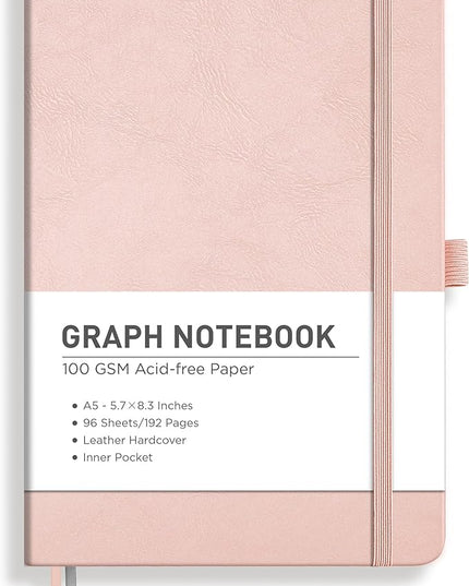 RETTACY Graph Grid Paper Notebook, 192 Pages, A5 Medium Size (5.7'' x 8.3''), 5 Squares per Inch, Leather Hardcover, 100 GSM Thick Paper, for School, Students, Math, Engineering (Rose Gold)