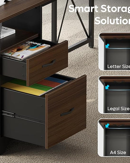 Bestier L Shaped Desk with File Drawers, 63" x 47" Office Computer Desk with Storage Cabinet, Corner Desk with Monitor Stand & Modesty Panel for Home Office, Cherry