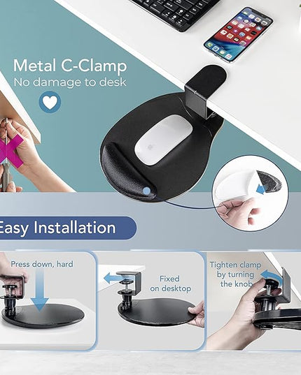 EHO Clamp on Mouse Platform, Clip on Pad Rotating 360 Degree, w/Comfortable Gel Wrist Rest, Ergonomic, Attachment, Slide Out Tray, Suitable for 1.5" Thickness Desk, for Home Office Desk Organizer