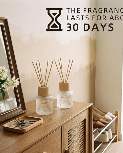 Reed Diffuser Set, Binca Vidou Lavender & White Jasmine Natural Scent Oil Diffusers with Sticks for Home Office Bathroom Aromatherapy Decor 1.69oz x 2