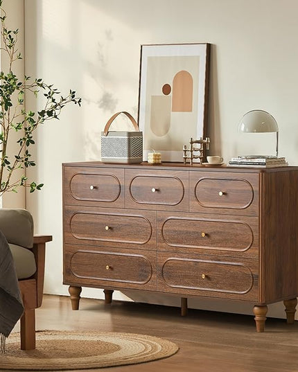 ORRD Fluted 7 Drawer Dresser for Bedroom, Modern Mid Century Chest of Drawers, Wood Storage Large Dresser Organizer for Bedroom Living Room Closet Hallway, Walnut