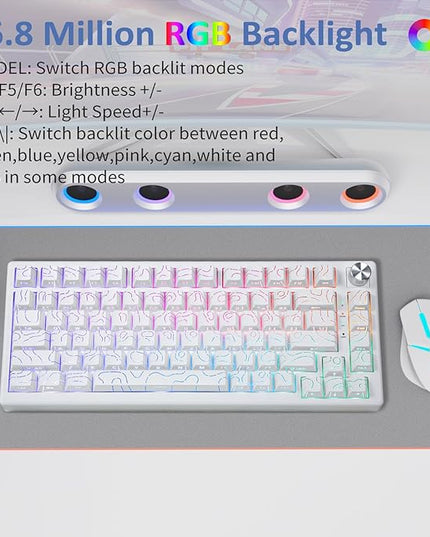 HUO JI 75% Wireless Mechanical Gaming Keyboard, Bluetooth/2.4G/USB Wired, Creamy Sound, RGB Backlit, Hot Swappable Pre-lubed Linear Switches, Volume Knob, Custom Gasket Structure for Win/Mac, White