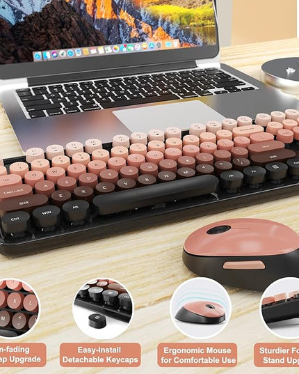 Wireless Keyboard and Mouse Combo, Ergonomic Full Size Typewriter Retro Round Keycaps Keyboard, Compatible with Windows, PC, Perfer for Home and Office Keyboards (Aurora Red)